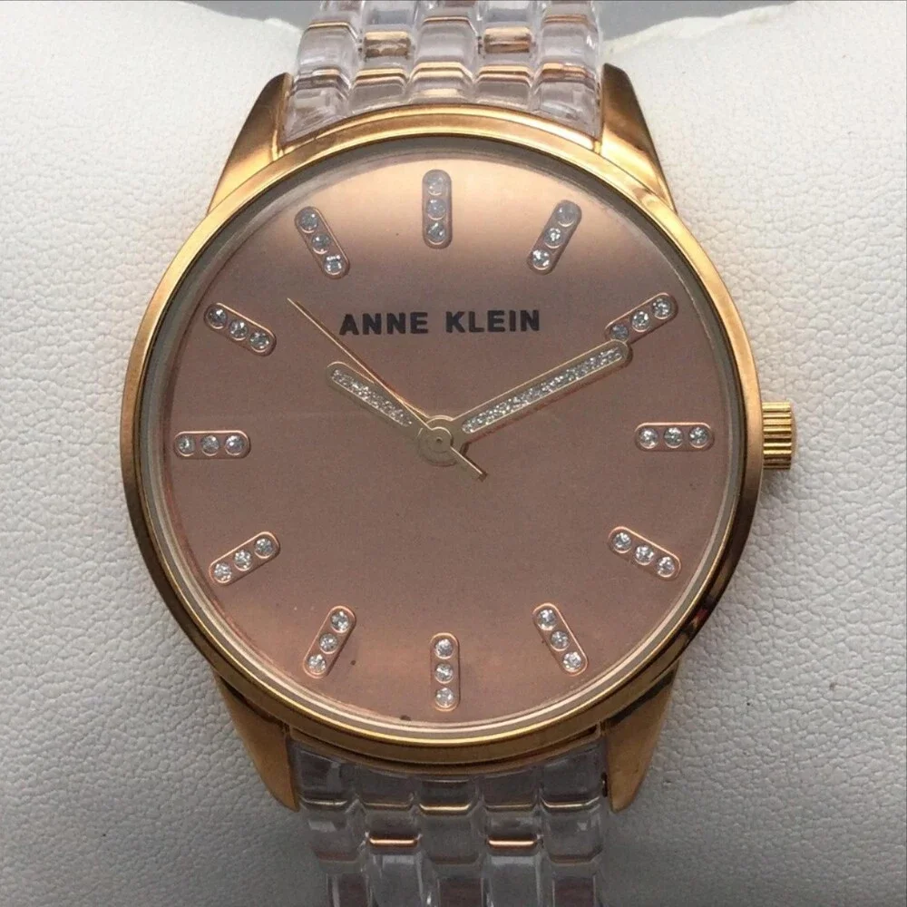Anne Klein Womens Watch 36mm Rose Gold Dial Clear Resin Bracelet New Battery 6